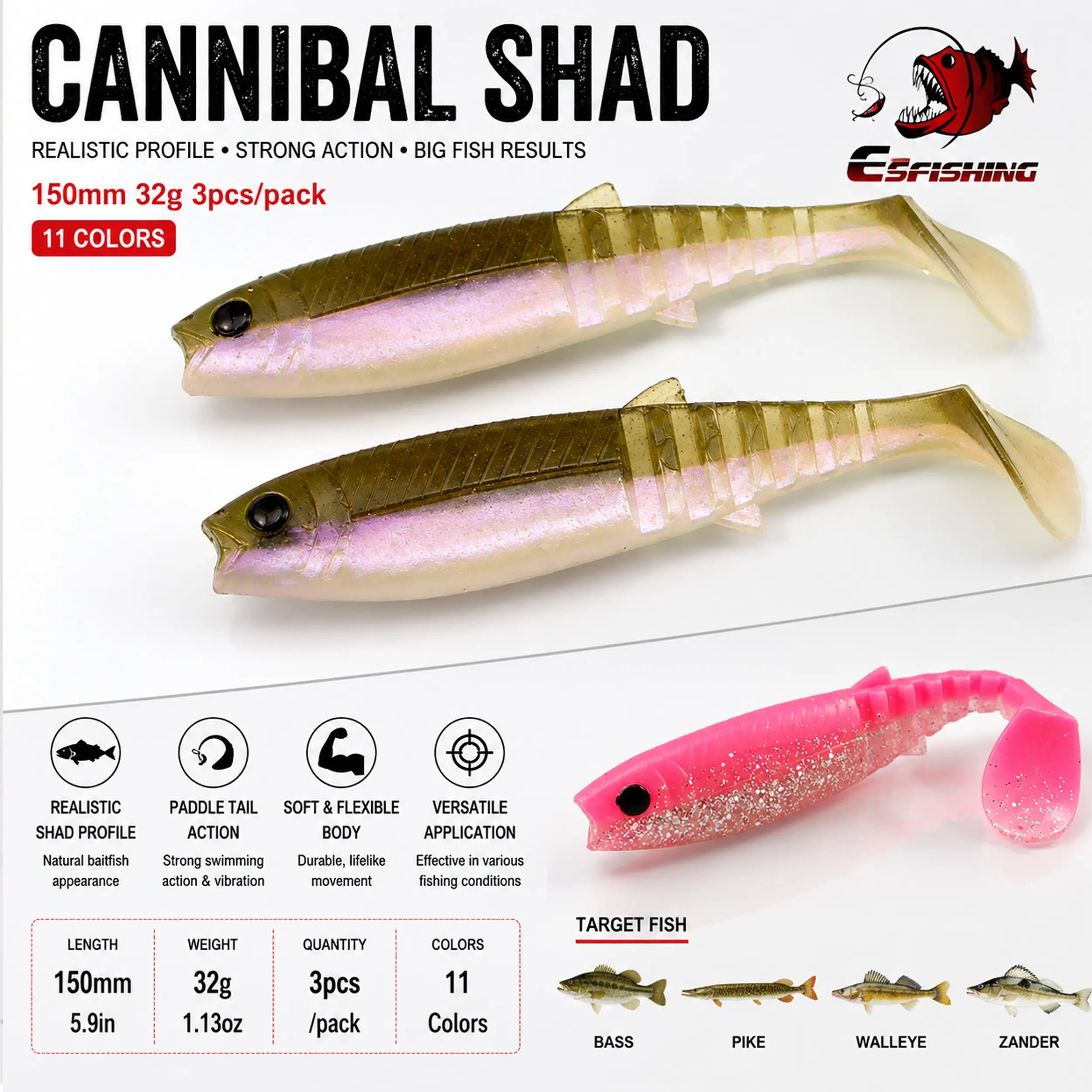 Cannibal Shad 150mm 32g Soft Swimbait for Bass, Pike & Walleye
