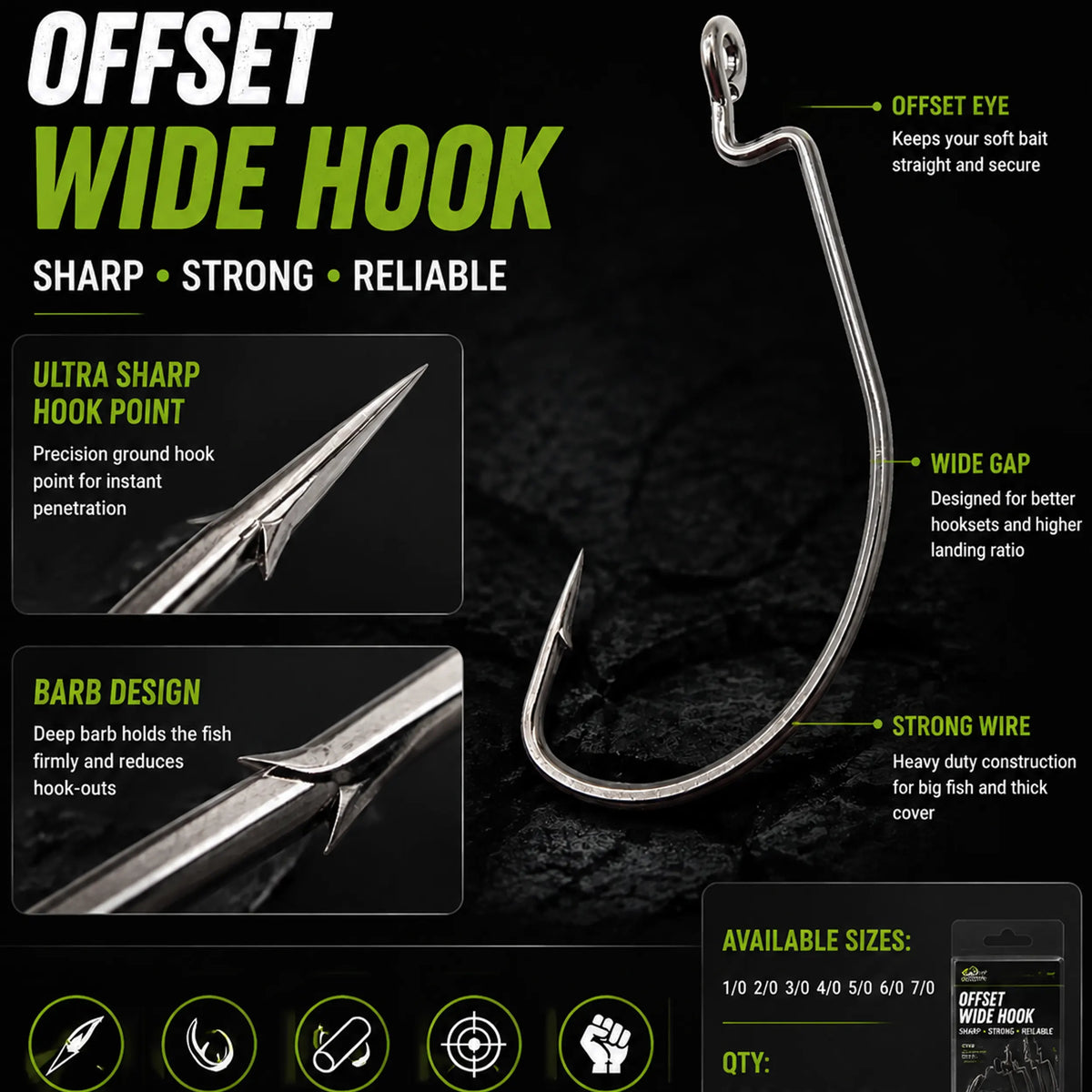 Offset Worm Hook Sizes 1/0 to 9/0
