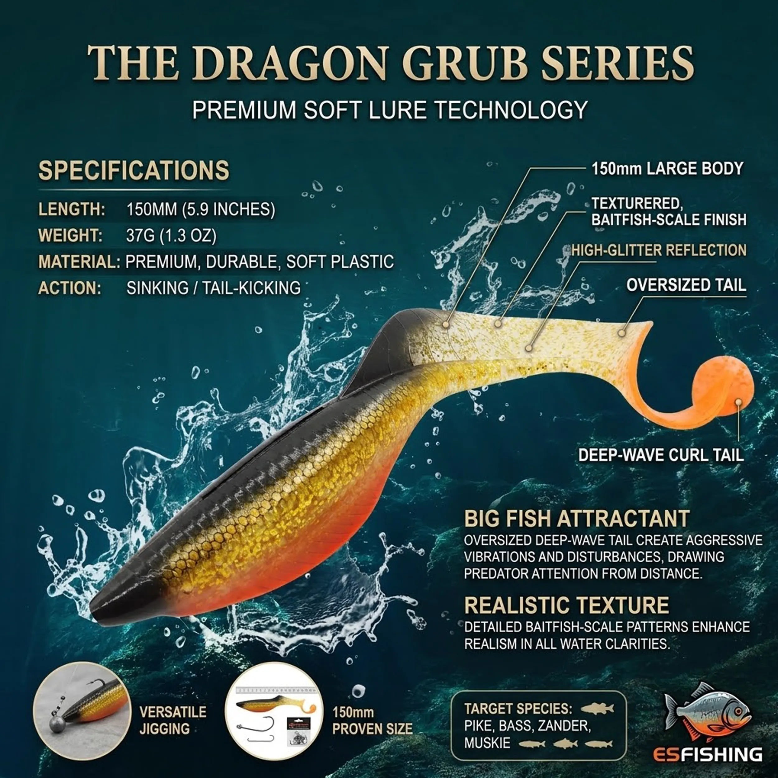 ESFishing Dragon Grub 150mm Heavy Duty Swimbaits for Trophy Bass, Pike, Walleye & Muskie