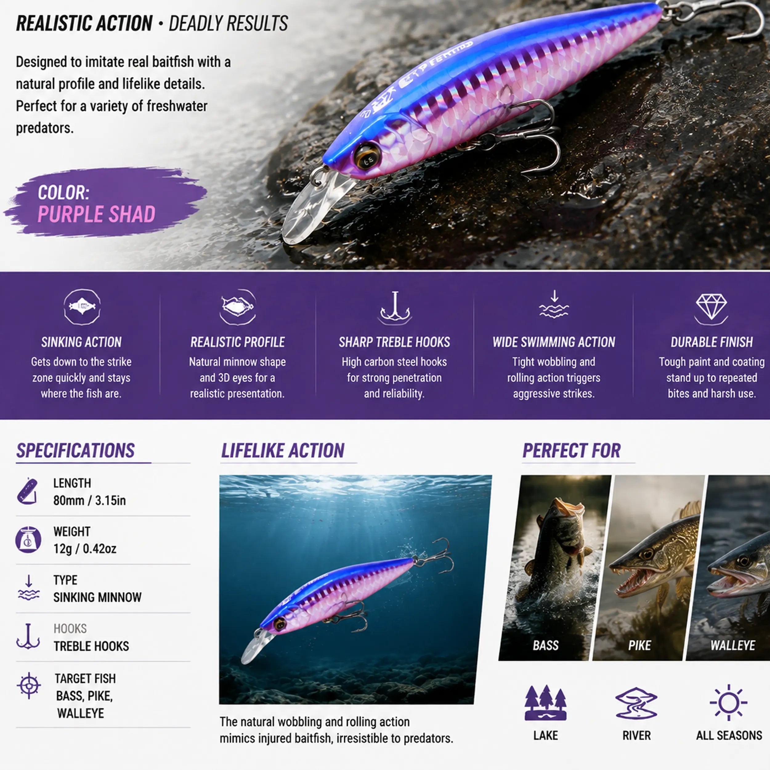 Super Natural 80mm 12g Sinking Minnow Lure – Realistic Jerkbait for Bass Fishing