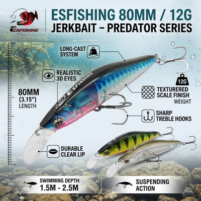 Super Natural 80mm 12g Sinking Minnow Lure – Realistic Jerkbait for Bass Fishing