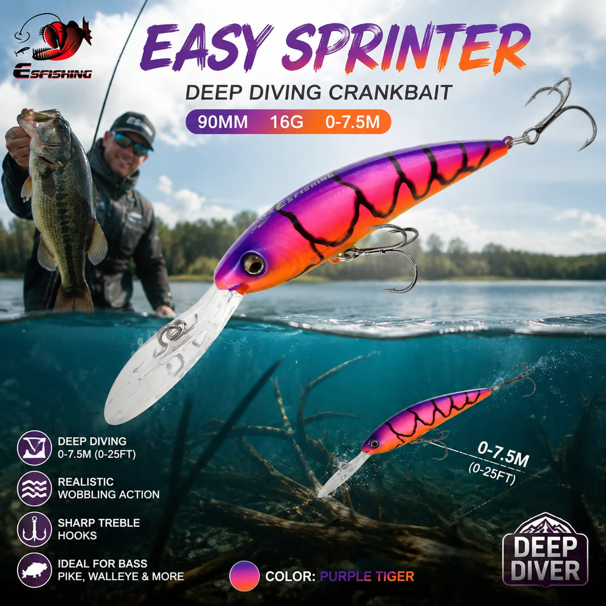 ESFISHING Easy Sprinter 90mm Deep Diving Crankbait Lure 16g, 0-25ft Deep Runner Hard Bait for Bass Fishing