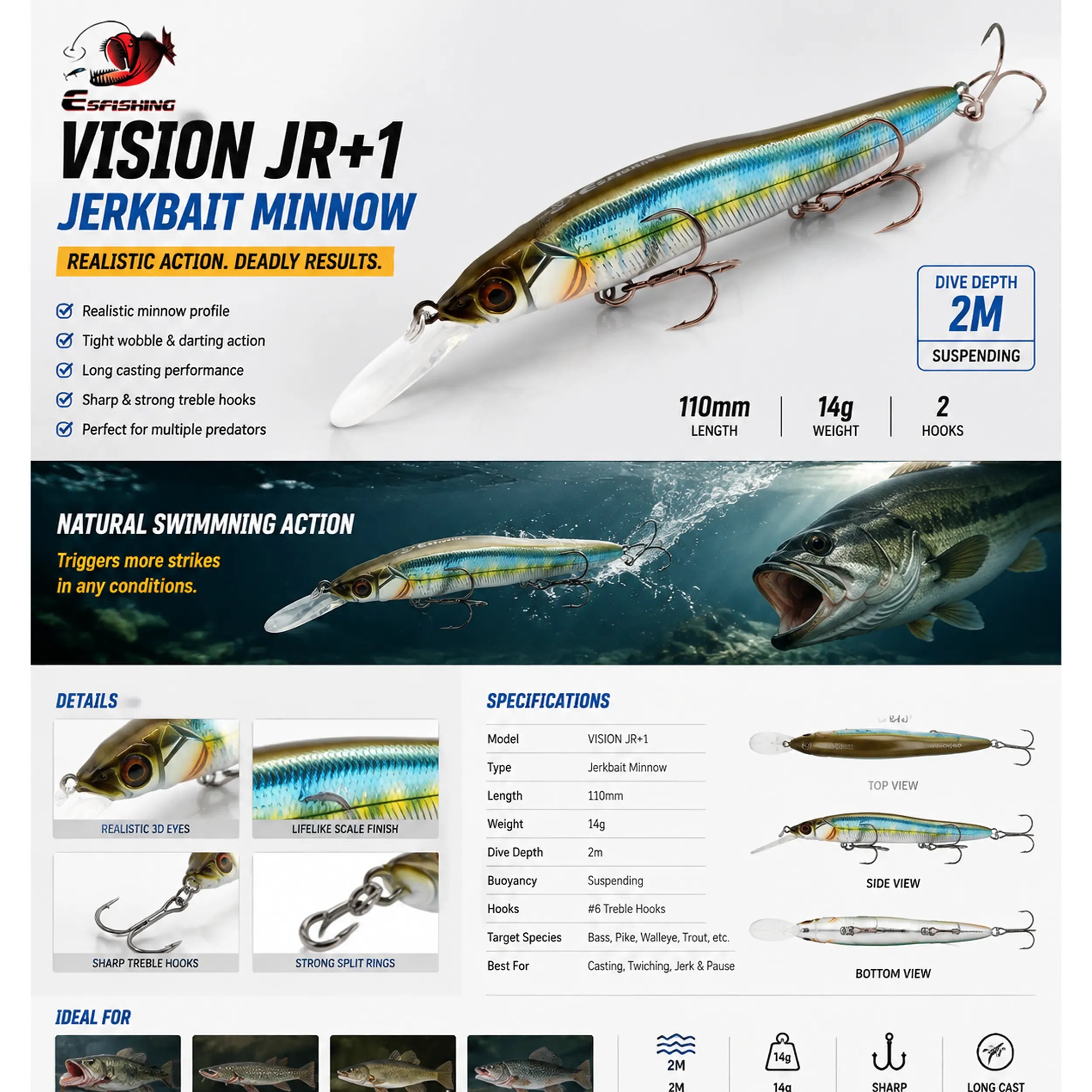 Deep diving design for exploring different water layers jerkbait