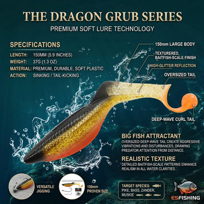 ESFishing Dragon Grub 150mm Heavy Duty Swimbaits for Trophy Bass, Pike, Walleye & Muskie
