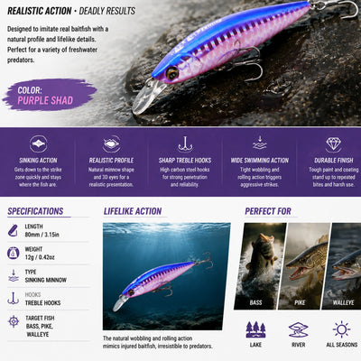 Super Natural 80mm 12g Sinking Minnow Lure – Realistic Jerkbait for Bass Fishing