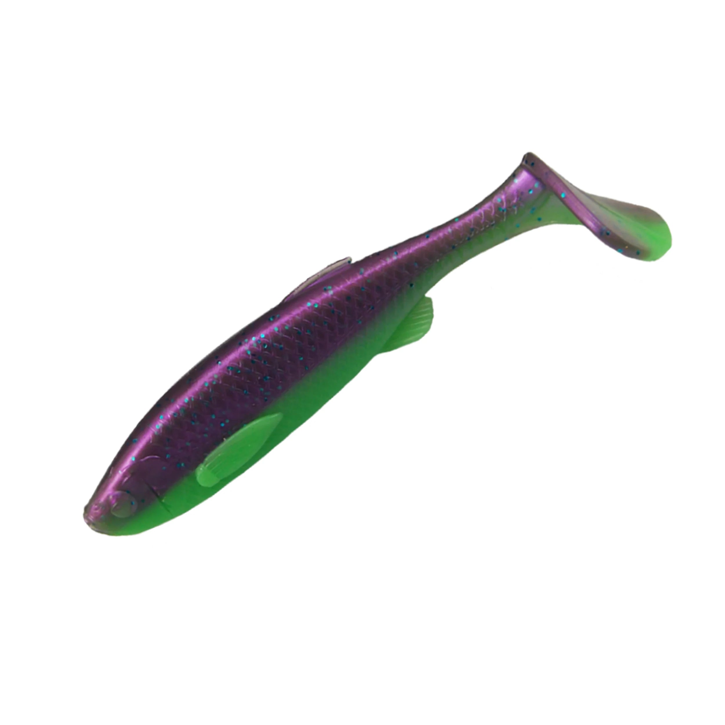 125mm two-tone soft plastic swimbait in iridescent purple back and neon green belly.