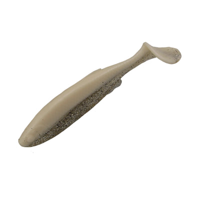 125mm soft plastic paddle tail swimbait lure in pearl white with a dark speckled belly.