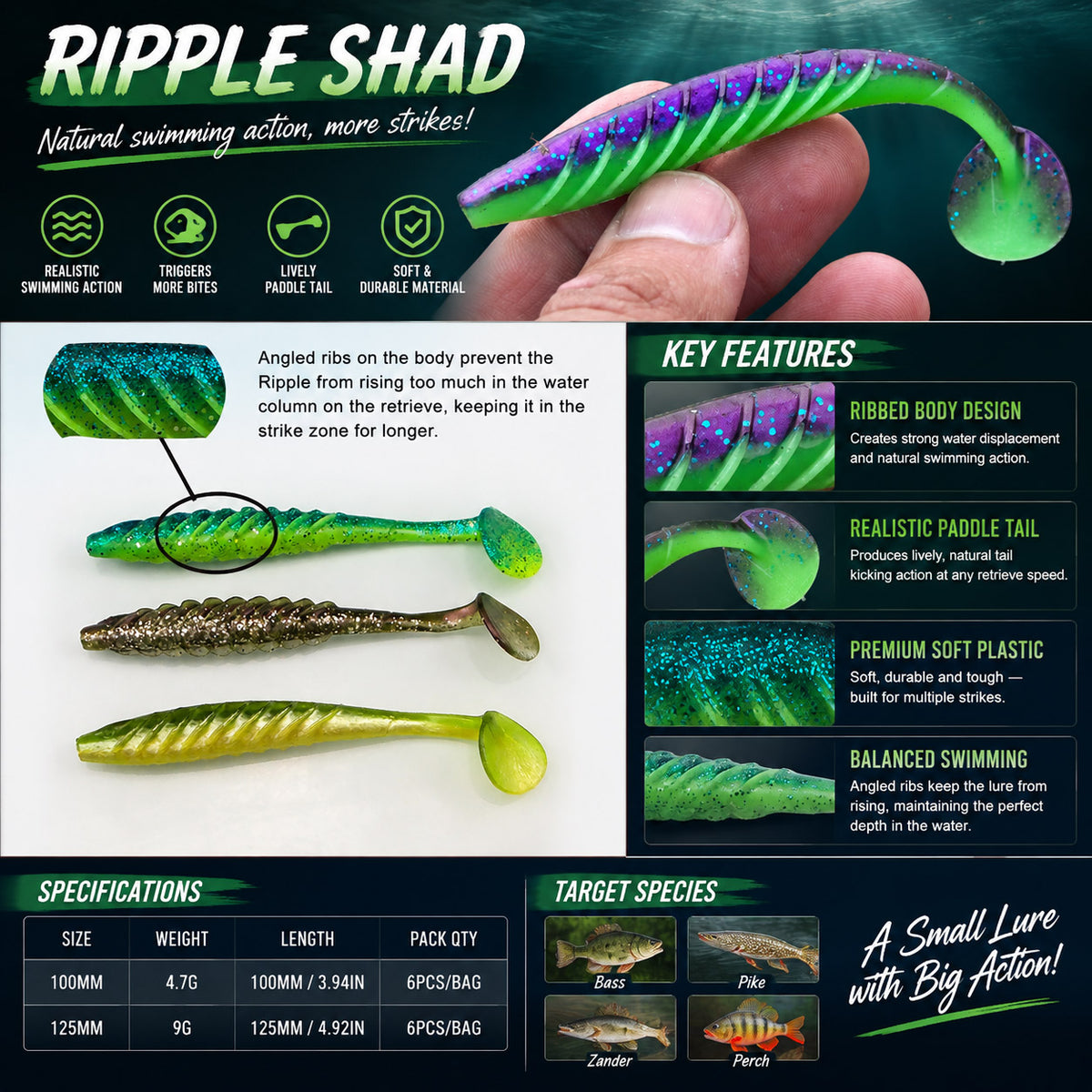 paddle tail 125mm green baits